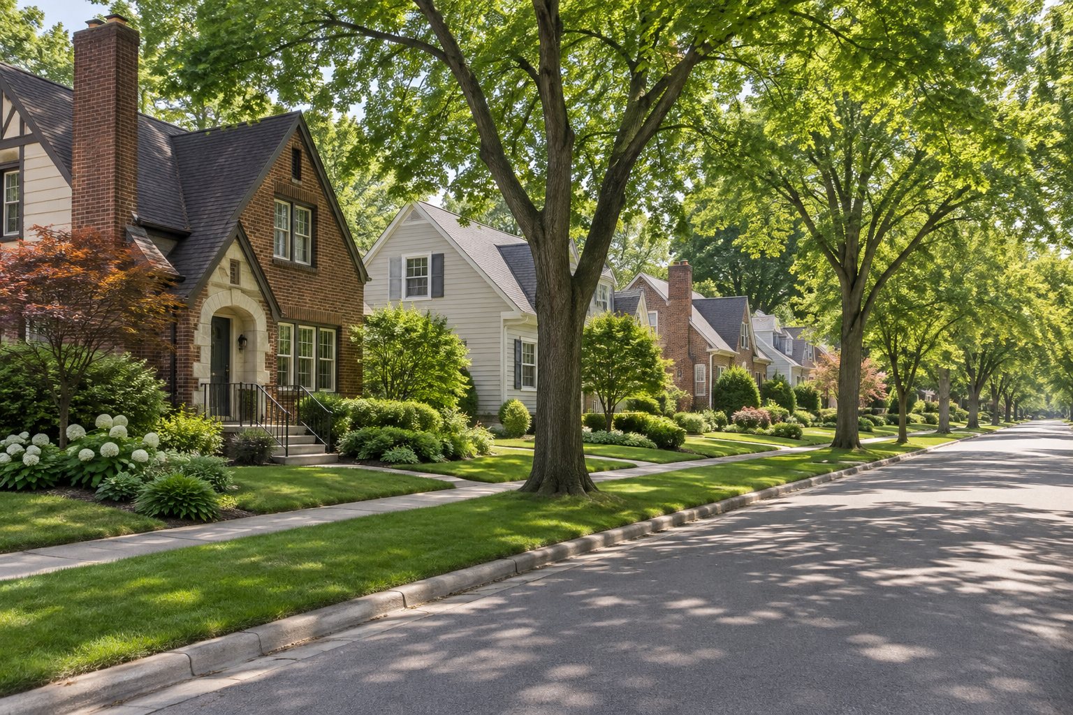 A tree-lined street in a northern Chicago suburb, illustrative