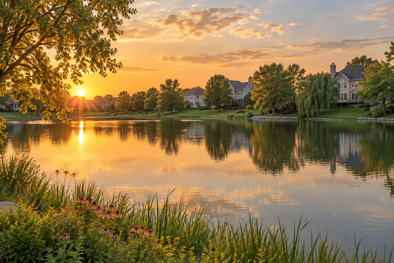 A small lake bordered by suburban homes at golden hour, illustrative