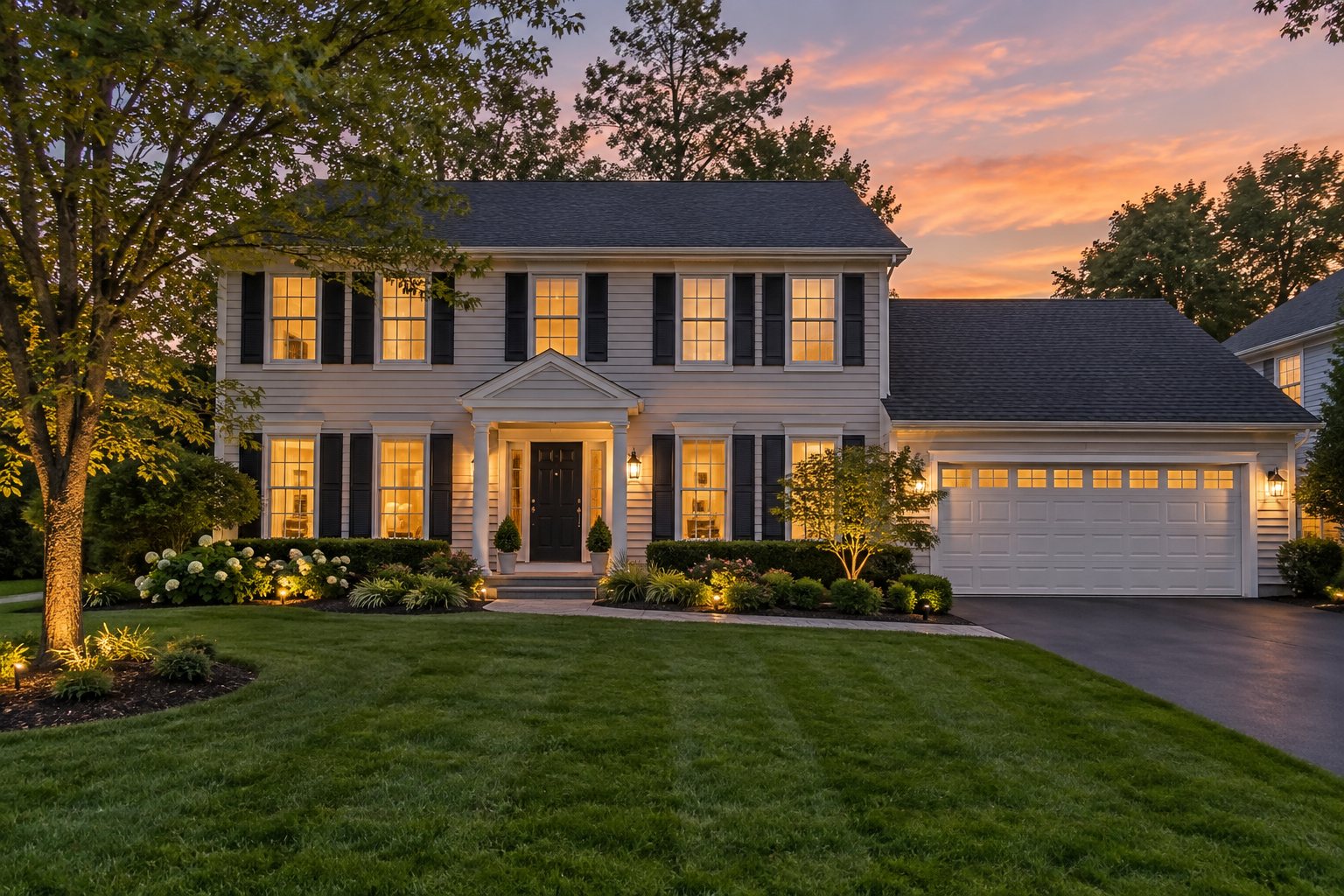 A two story suburban Illinois home at dusk, illustrative