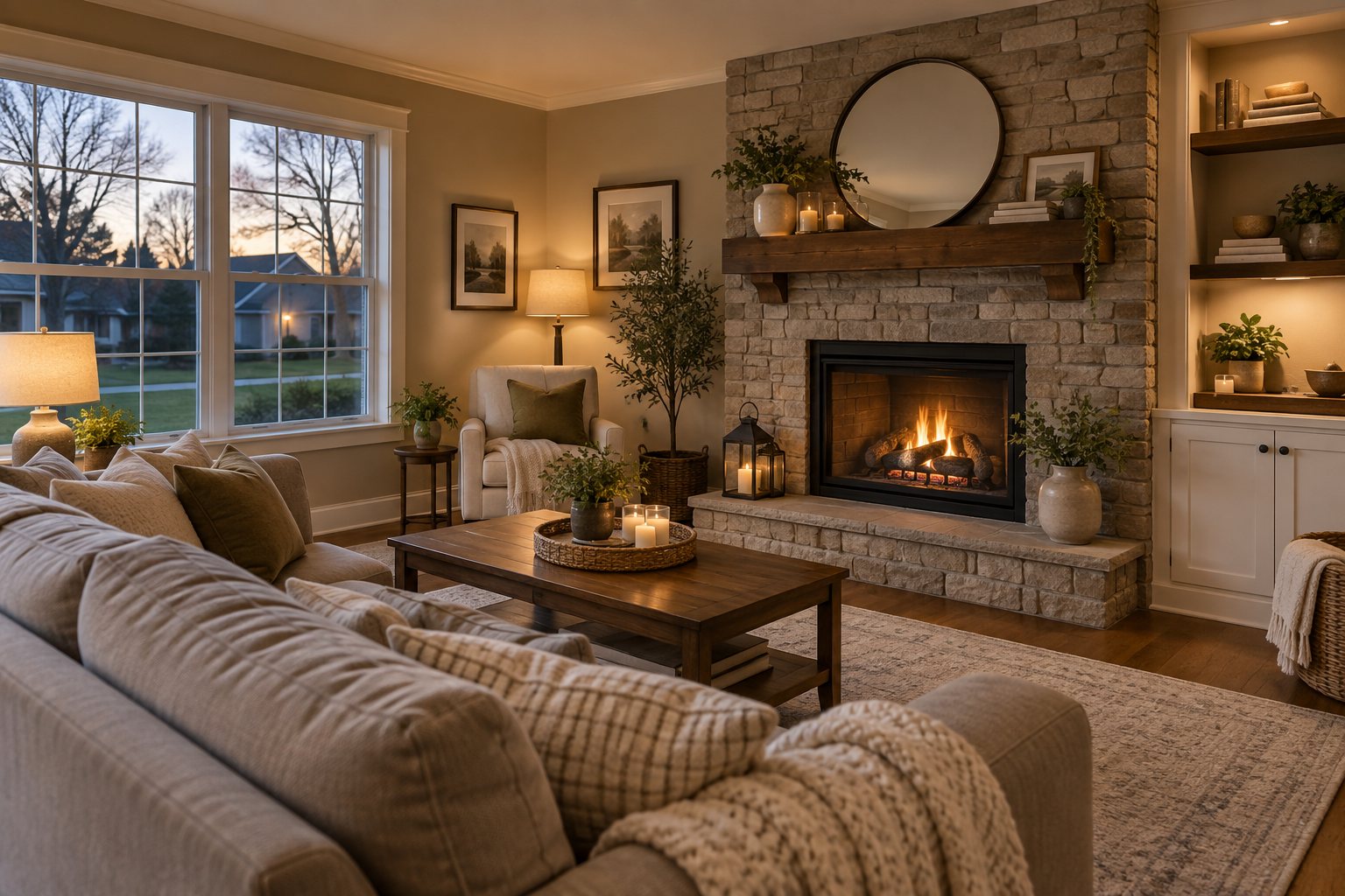 A cozy family room with a fireplace, illustrative
