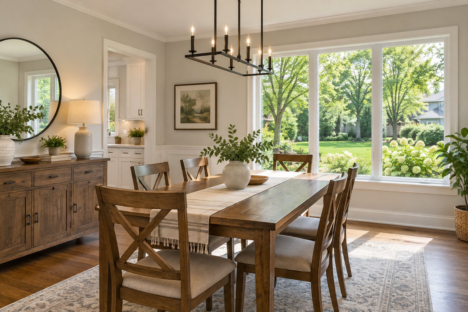 A bright Midwest suburban dining room, illustrative